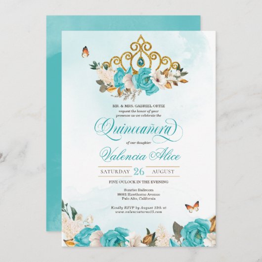 Turquoise Blue Rozen Gold Tiara Butterfly Quince Kaart (Voorkant / Achterkant)