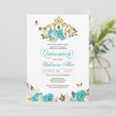 Turquoise Blue Rozen Golden Tiara Butterfly Quince Kaart (Staand voorkant)
