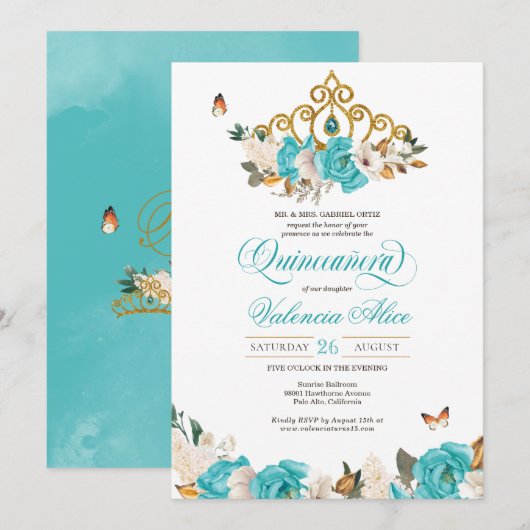 Turquoise Blue Rozen Golden Tiara Butterfly Quince Kaart (Voorkant / Achterkant)