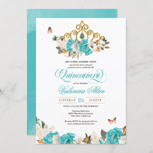 Turquoise Blue Rozen Golden Tiara Butterfly Quince Kaart