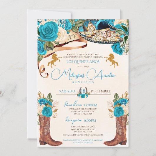 Turquoise Blue Rozen Western Charro Quinceañera Kaart (Voorkant)