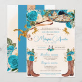 Turquoise Blue Rozen Western Charro Quinceañera Kaart (Voorkant / Achterkant)