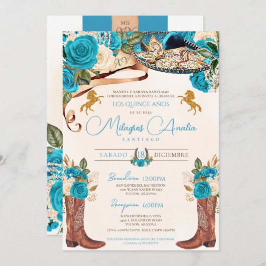 Turquoise Blue Rozen Western Charro Quinceañera Kaart (Voorkant / Achterkant)