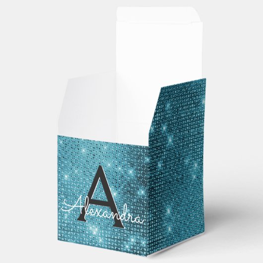 Turquoise Blue Shimmer Monogram - Jouw naam toevoe Bedankdoosjes (Geopend)