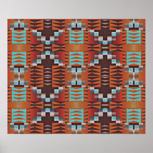 Turquoise Blue Sienna Oranje Red Brown Tribal Art Poster