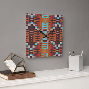 Turquoise Blue Sienna Oranje Red Brown Tribal Art Vierkante Klok