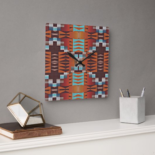 Turquoise Blue Sienna Oranje Red Brown Tribal Art Vierkante Klok (Kantoor)