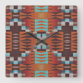 Turquoise Blue Sienna Oranje Red Brown Tribal Art Vierkante Klok (Voorkant)