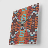 Turquoise Blue Sienna Oranje Red Brown Tribal Art Vierkante Klok (Hoek)