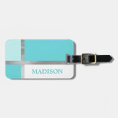 Turquoise Blue Silver Foil Stripes Color Block Bagagelabel (Voorkant horizontaal)