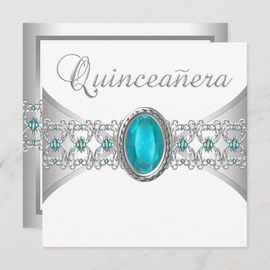 Turquoise Blue Silver Quinceanera Uitnodigingen (Voorkant / Achterkant)