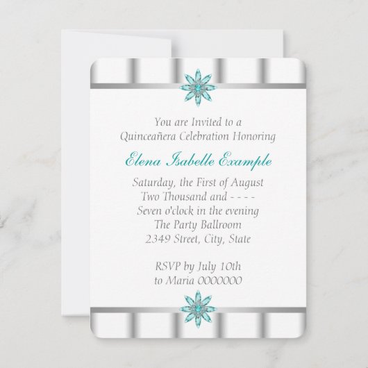 Turquoise Blue Silver Quinceanera Uitnodigingen (Achterkant)