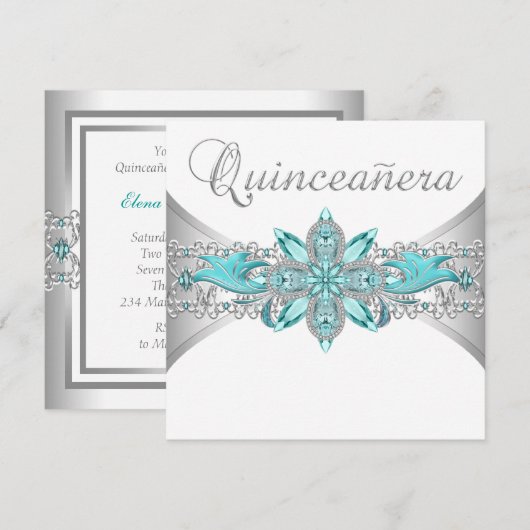 Turquoise Blue Silver Quinceanera Uitnodigingen (Voorkant / Achterkant)