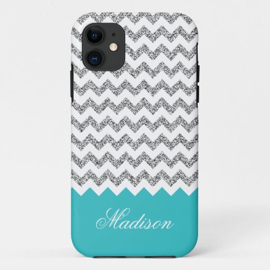 Turquoise Blue Silvery Glitter Chevron Pattern Case-Mate iPhone Case (Achterkant)