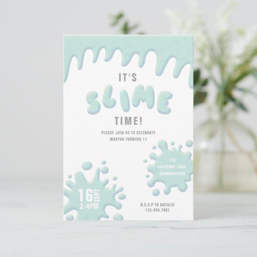 Turquoise blue slime party-uitnodiging (Staand voorkant)