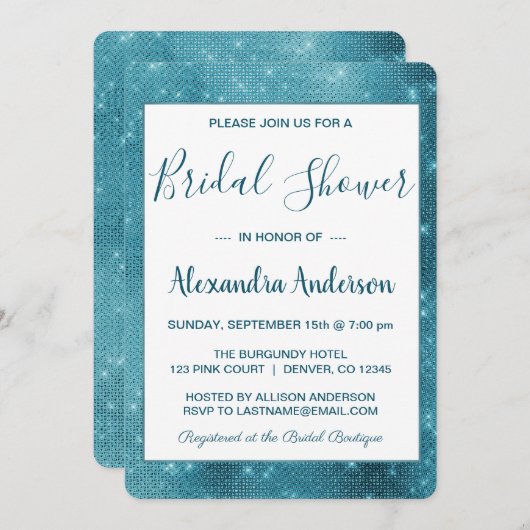 Turquoise Blue Sparkle Bruids Douche Uitnodiging (Voorkant / Achterkant)