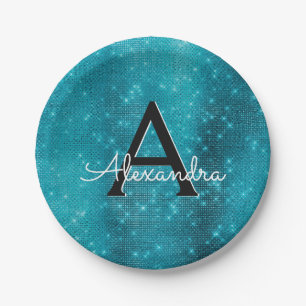 Turquoise Blue Sparkle Monogram Birthday Papieren Bordje