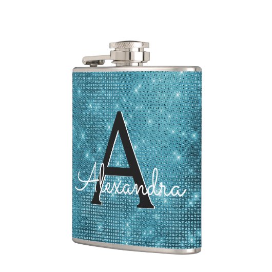 Turquoise Blue Sparkle Monogram & Initiaal Heupfles (Links)