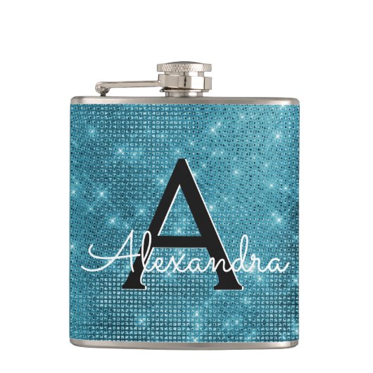 Turquoise Blue Sparkle Monogram & Initiaal Heupfles (Voorkant)