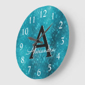 Turquoise Blue Sparkle Monogram Naam en Initiaal Grote Klok (Hoek)