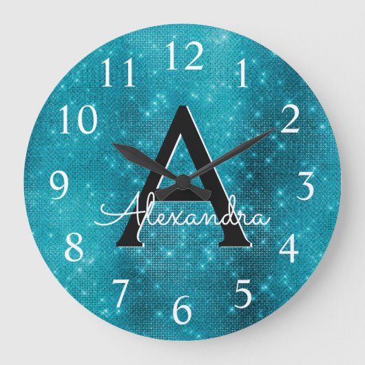 Turquoise Blue Sparkle Monogram Naam en Initiaal Grote Klok (Voorkant)