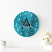 Turquoise Blue Sparkle Monogram Naam en Initiaal Grote Klok (Huis)