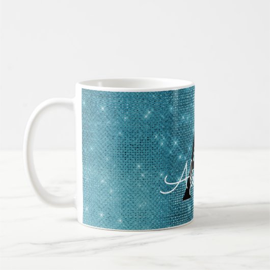 Turquoise Blue Sparkle Monogram Naam en Initiaal Koffiemok (Links)