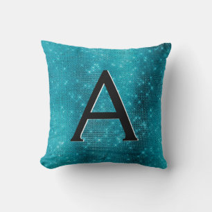 Turquoise Blue Sparkle Monogram Naam en Initiaal Kussen