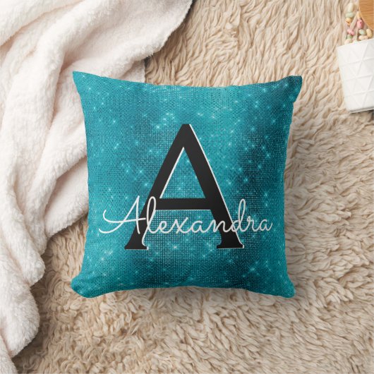 Turquoise Blue Sparkle Monogram Naam en Initiaal Kussen (Deken)