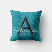 Turquoise Blue Sparkle Monogram Naam en Initiaal Kussen (Voorkant)