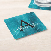 Turquoise Blue Sparkle Monogram Verjaardag Kartonnen Onderzetters (Schuin)