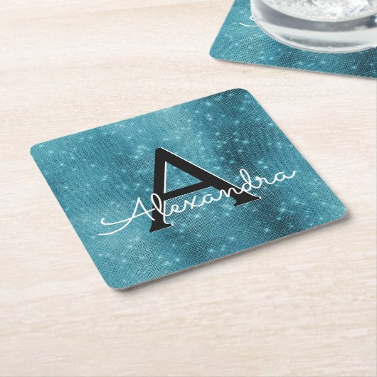 Turquoise Blue Sparkle Monogram Verjaardag Kartonnen Onderzetters (Schuin)