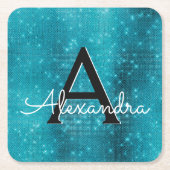 Turquoise Blue Sparkle Monogram Verjaardag Kartonnen Onderzetters (Voorkant)