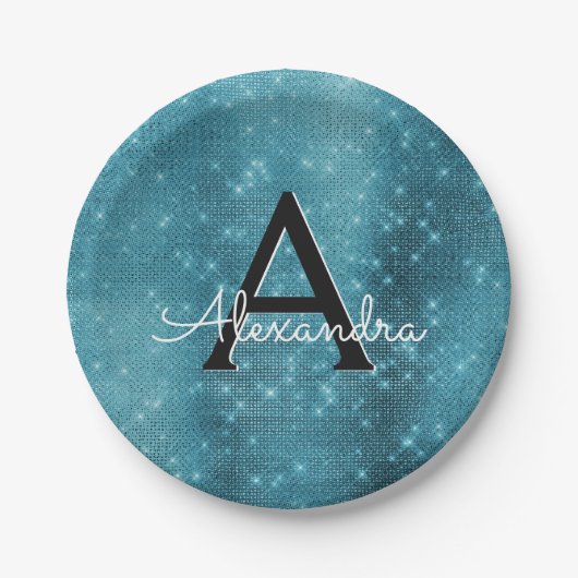 Turquoise Blue Sparkle Monogram Verjaardag Papieren Bordje (Voorkant)