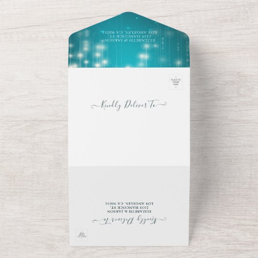 Turquoise Blue Sparkle String Lights Wedding RSVP All In One Uitnodiging (Buitenkant)