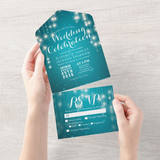Turquoise Blue Sparkle String Lights Wedding RSVP All In One Uitnodiging (Afscheurbaar)