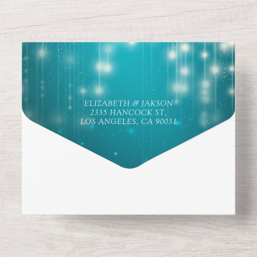 Turquoise Blue Sparkle String Lights Wedding RSVP All In One Uitnodiging (Achterkant)