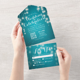 Turquoise Blue Sparkle String Lights Wedding RSVP All In One Uitnodiging