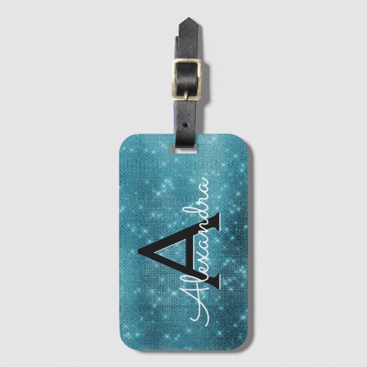 Turquoise Blue Sparkle Twinkle Sparkle Monogram Bagagelabel (Voorkant (verticaal))