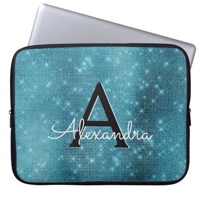 Turquoise Blue Sparkling Stars Monogram Laptop Sleeve (Voorkant)