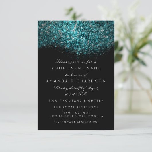Turquoise Blue Sparkly Glitter Black White Event Kaart (Staand voorkant)
