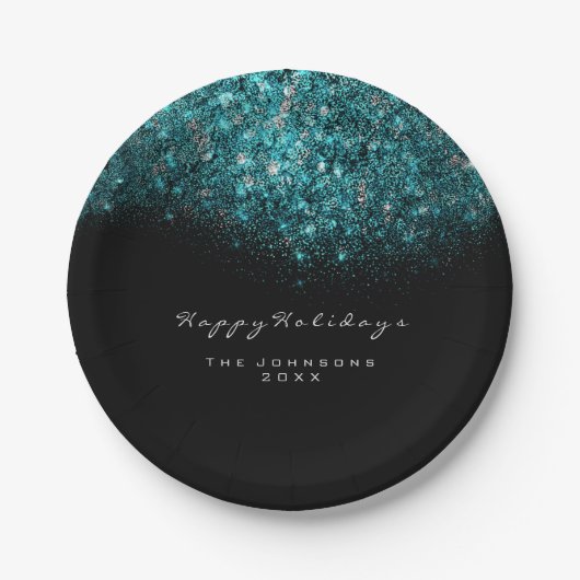 Turquoise Blue Sparkly Glitter Black White Holiday Papieren Bordje (Voorkant)