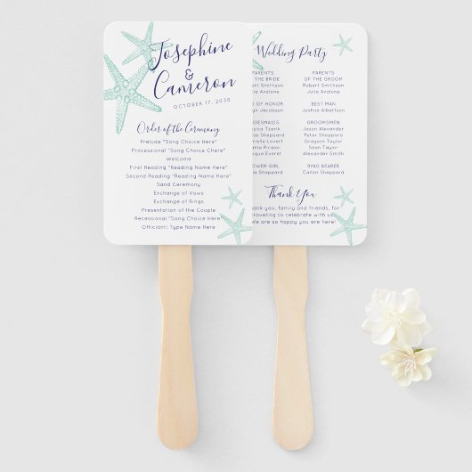 Turquoise Blue Starfish Beach Wedding Program Fan Handwaaier (Voorkant en achterkant)