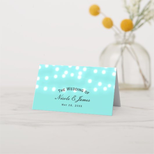 Turquoise Blue String Lights Elegant Table Plaatskaartje (Voorkant)