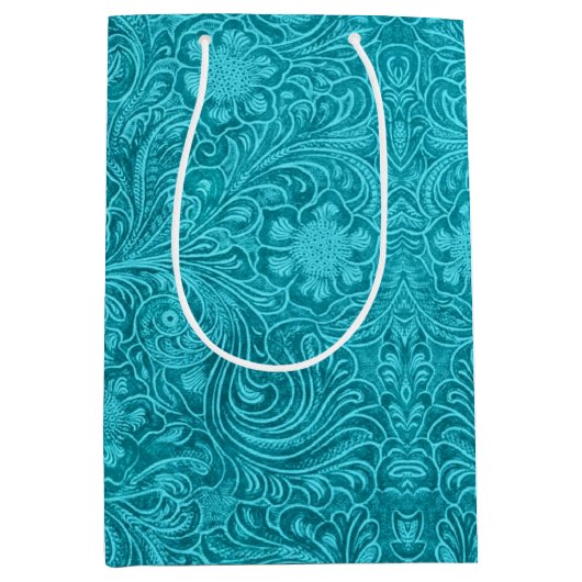 Turquoise-Blue Suede Leather Floral Pattern Medium Cadeauzakje (Voorkant)
