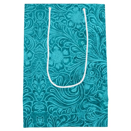 Turquoise-Blue Suede Leather Floral Pattern Medium Cadeauzakje (Achterkant)