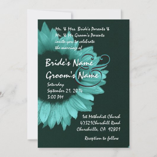 Turquoise Blue Sunflower Wedding Kaart (Voorkant)