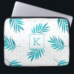 Turquoise-blue tropische bladpatroon laptop sleeve<br><div class="desc">Moderne blauwgroene tropische palmbladeren patroon.  Monogram.</div>