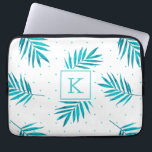 Turquoise-blue tropische bladpatroon laptop sleeve<br><div class="desc">Moderne blauwgroene tropische palmbladeren patroon.  Monogram.</div>