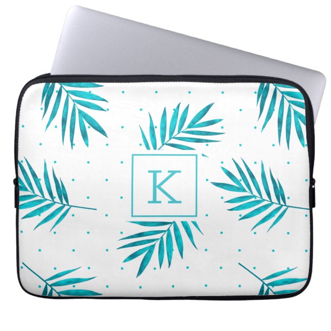 Turquoise-blue tropische bladpatroon laptop sleeve (Voorkant)